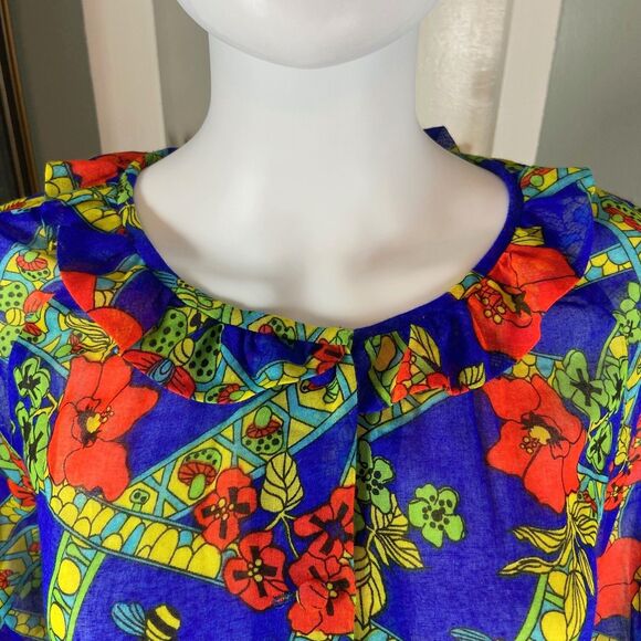 Vintage 70s Lanz Novelty Mushroom Butterfly Poppies Bee Sheer Blouse Tunic Shirt - Picture 3 of 13
